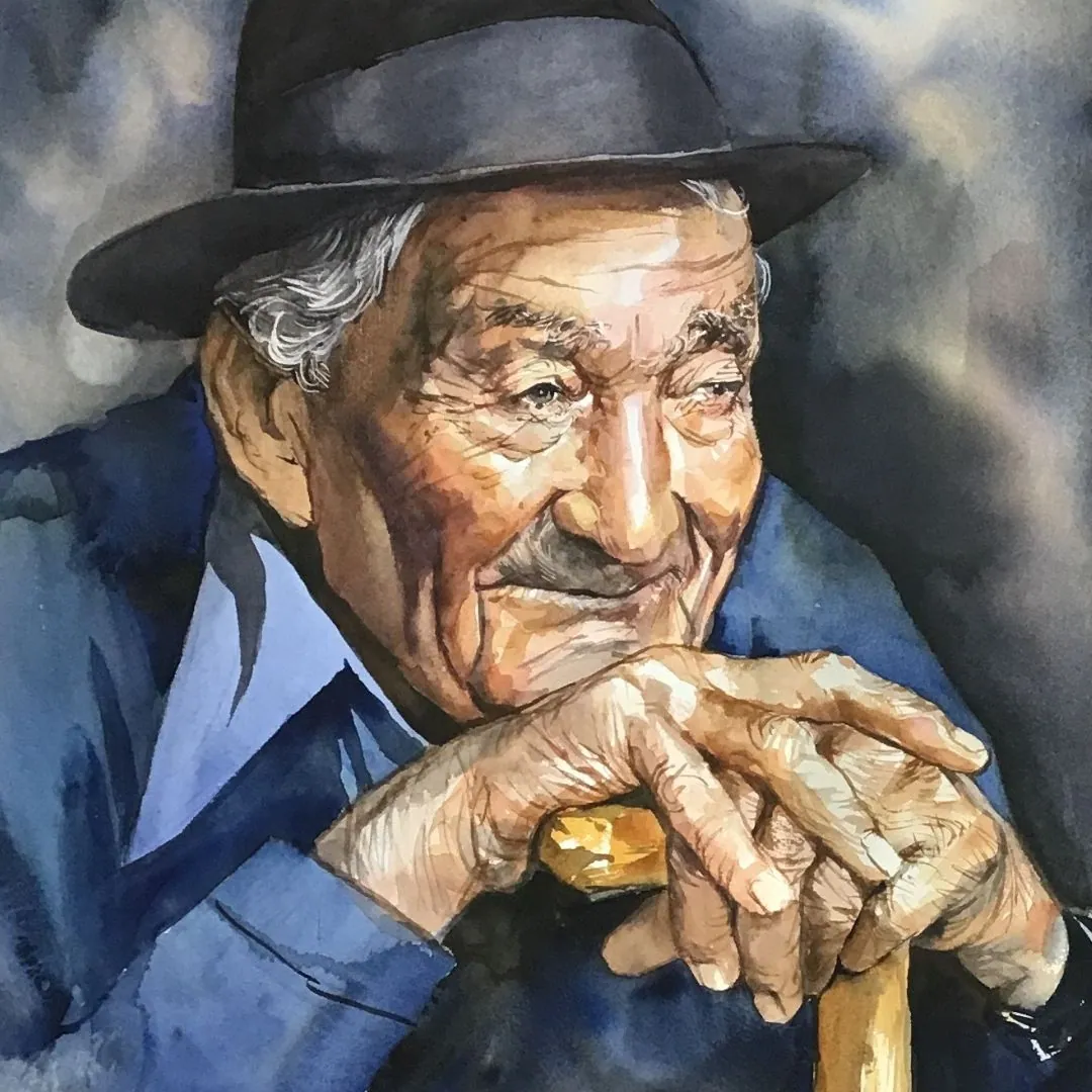 Anciano con sombrero — acuarela sobre papel